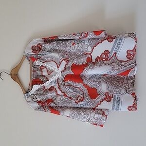 Chico's Orange White Paisley Vneck Popover Tunic Blouse Size XL